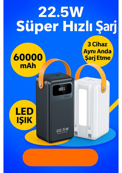 60000 Mah Ultra Kapasiteli Powerbank – Hızlı Şarj, Type-C & Ios Giriş, 2 Çıkışlı, LED Işıklı