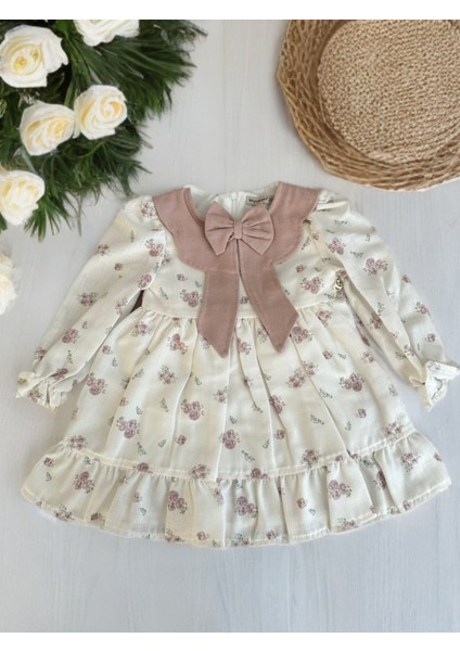 Kız Bebek/çocuk Fiyonklu Keten Elbise - Pudra