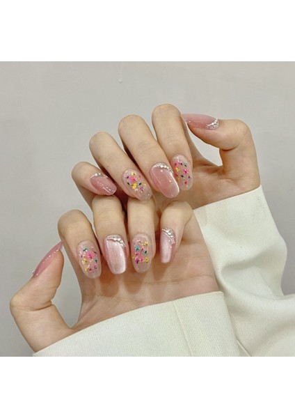 10'lu Pembe Kısa Oval TT1133 Tekrar Kullanılabilir El Yapımı Protez Takma Tırnak - Pembe-M