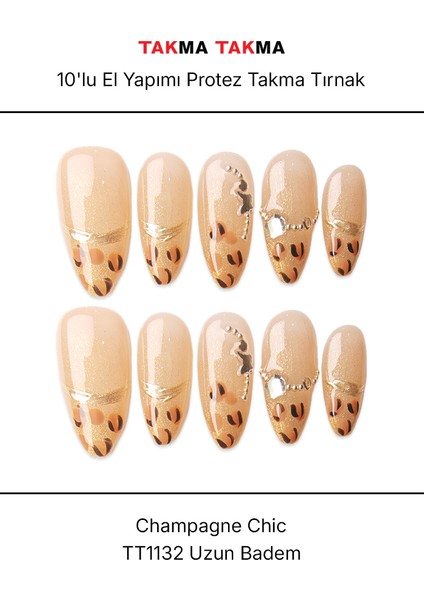 10'lu Ten Uzun Badem TT1132 Tekrar Kullanılabilir El Yapımı Protez Takma Tırnak - Ten Rengi-S