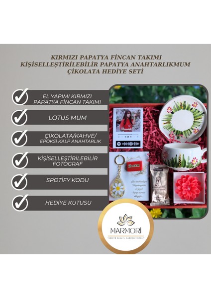 KIRMIZI PAPATYA FİNCAN TAKIMI KİŞİSELLEŞTİRİLEBİLİR PAPATYA ANAHTARLIKMUM ÇİKOLATALI HEDİYE SETİ modelleri