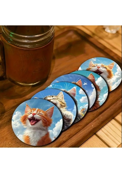 2d Baskılı 6 Parça Eğlenceli Kedi Bardak Altlığı Seti Renkli Tasarım