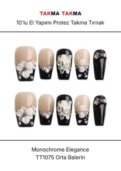 10'lu Siyah Orta Balerin TT1075 Tekrar Kullanılabilir El Yapımı Protez Takma Tırnak - Ten Rengi-Siyah-L modelleri