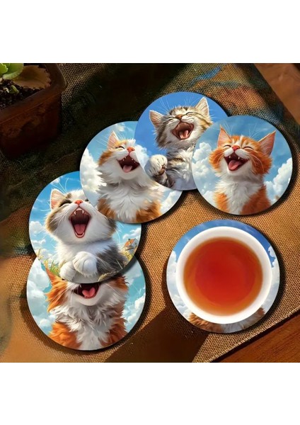 2d Baskılı 6 Parça Eğlenceli Kedi Bardak Altlığı Seti Renkli Tasarım fırsatları