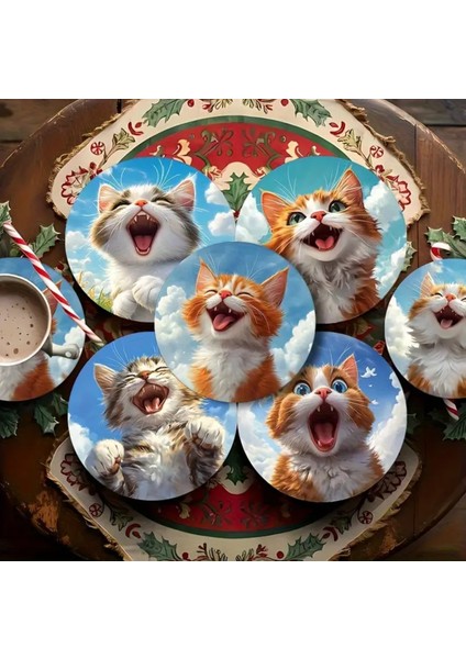 2d Baskılı 6 Parça Eğlenceli Kedi Bardak Altlığı Seti Renkli Tasarım indirimleri