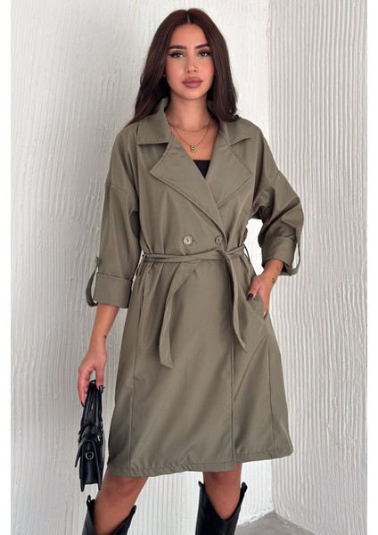 Kadın Kolu Katlamalı Kuşaklı Uzun Trençkot – Astarsız Hafif Tasarım