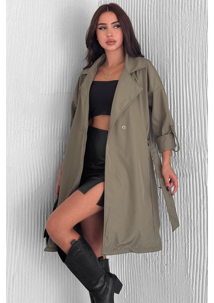 Kadın Kolu Katlamalı Kuşaklı Uzun Trençkot – Astarsız Hafif Tasarım fiyatları
