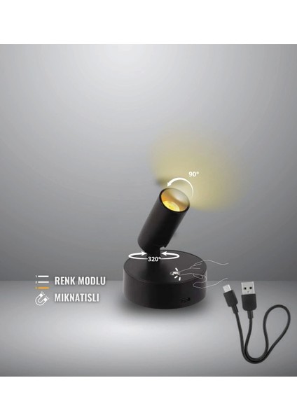 Dokunmatik Şarjlı LED Aplik Yönlendirilebilir (Usb Type C Şarjlı) 3 Mod Renkli, Dimmerli fiyatları