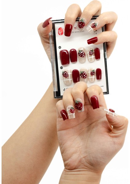 10'lu Bordo Kısa Balerin TT1050 Tekrar Kullanılabilir El Yapımı Protez Takma Tırnak - Bordo-L