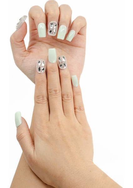 10'lu Yeşil Orta Kare TT1047 Tekrar Kullanılabilir El Yapımı Protez Takma Tırnak - Yeşil-S