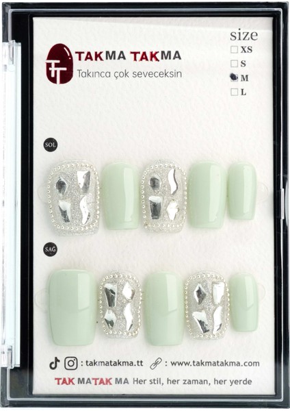 10'lu Yeşil Orta Kare TT1047 Tekrar Kullanılabilir El Yapımı Protez Takma Tırnak - Yeşil-S