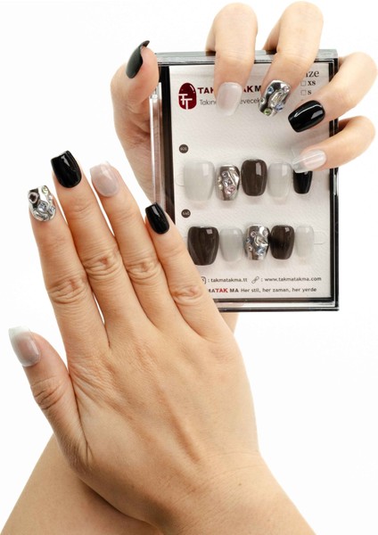 10'lu Siyah Kısa Balerin TT1044 Tekrar Kullanılabilir El Yapımı Protez Takma Tırnak - Siyah-M