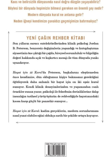 Hayat Için 12 Kural: Kaosa Panzehir - Jordan' B. Peterson | Popüler Kitaplar fiyatları