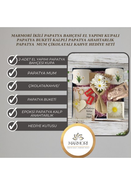 2Lİ PAPATYA BAHÇESİ EL YAPIMI KUPALI KALP ANAH. PAPATYA BUKET ÇİÇEKLİ MUMLU KAHVELİ HEDİYE SETİ fiyatları