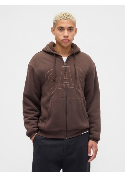 Erkek Kahverengi Relaxed Gap Logo Sherpa Astarlı Fermuarlı Sweatshirt