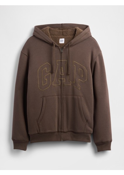 Erkek Kahverengi Relaxed Gap Logo Sherpa Astarlı Fermuarlı Sweatshirt fiyatları