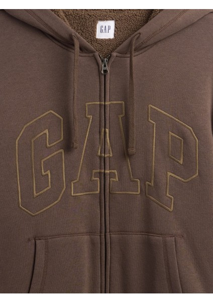 Erkek Kahverengi Relaxed Gap Logo Sherpa Astarlı Fermuarlı Sweatshirt modelleri