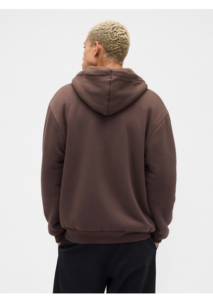 Erkek Kahverengi Relaxed Gap Logo Sherpa Astarlı Fermuarlı Sweatshirt fırsatları