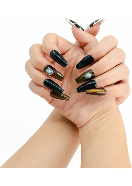 10'lu Siyah Uzun Balerin TT0969 Tekrar Kullanılabilir El Yapımı Protez Takma Tırnak - Siyah-S