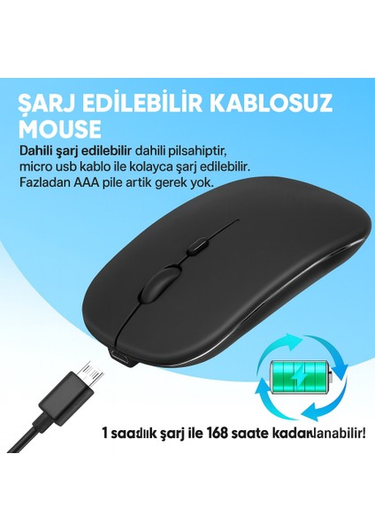 Şarjlı Bluetooth + 2.4ghz Kablosuz Mouse | Laptop, Mac, iPad ve Android Tablet Için – Siyah fiyatları