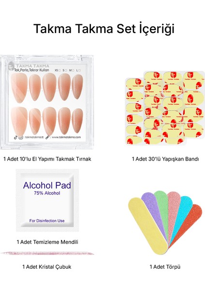 10'lu Ten Rengi Uzun Badem TT0942 Tekrar Kullanılabilir El Yapımı Protez Takma Tırnak - Ten Rengi-XS