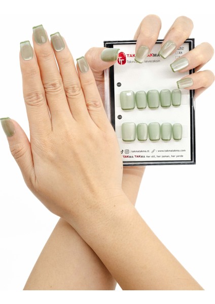 10'lu Yeşil Kısa Balerin Tekrar Kullanılabilir El Yapımı Protez Takma Tırnak - Yeşil-L