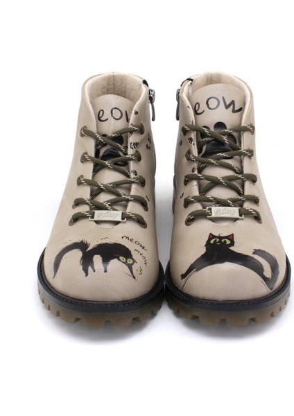 GB104 Kara Kedi Baskılı Kadın Bej Renk Kısa Bot fiyatları