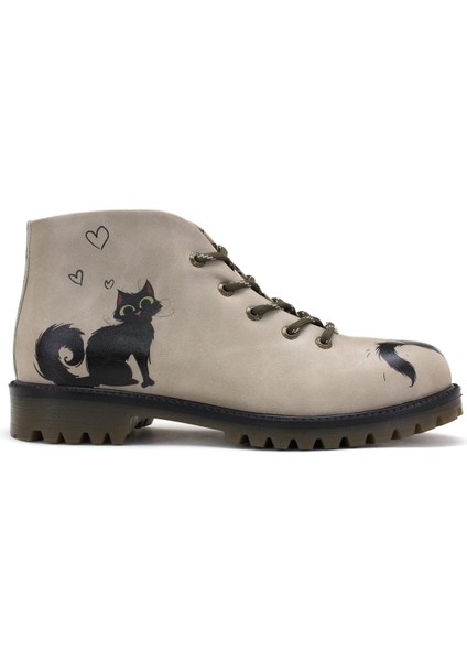 GB104 Kara Kedi Baskılı Kadın Bej Renk Kısa Bot modelleri