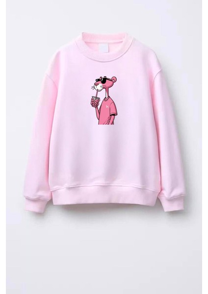 Kız Çocuk Pembe Panter Baskılı 3 Iplik Kumaş Pamuklu Sweatshirt