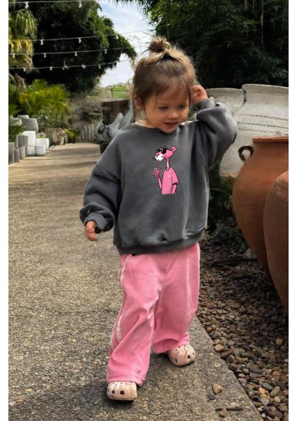 Kız Çocuk Pembe Panter Baskılı 3 Iplik Kumaş Pamuklu Sweatshirt
