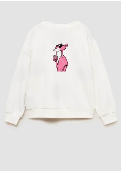 Kız Çocuk Pembe Panter Baskılı 3 Iplik Kumaş Pamuklu Sweatshirt