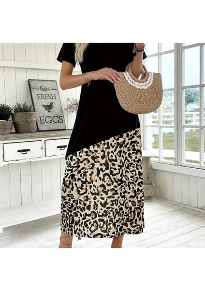 Kadın Kısa Kollu Bisiklet Yaka Leopar Detaylı Midi Üst Viskon Alt Süprem Elbise