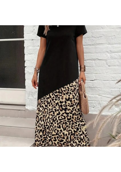 Kadın Kısa Kollu Bisiklet Yaka Leopar Detaylı Midi Üst Viskon Alt Süprem Elbise modelleri