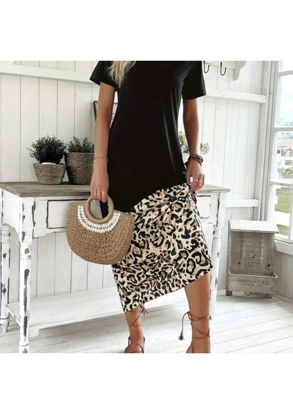 Kadın Kısa Kollu Bisiklet Yaka Leopar Detaylı Midi Üst Viskon Alt Süprem Elbise fırsatları