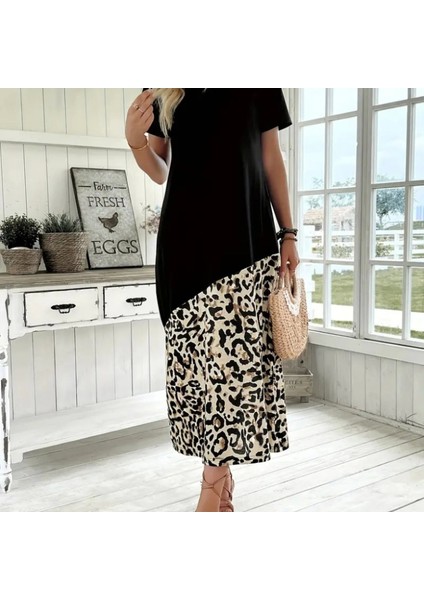 Kadın Kısa Kollu Bisiklet Yaka Leopar Detaylı Midi Üst Viskon Alt Süprem Elbise indirimleri