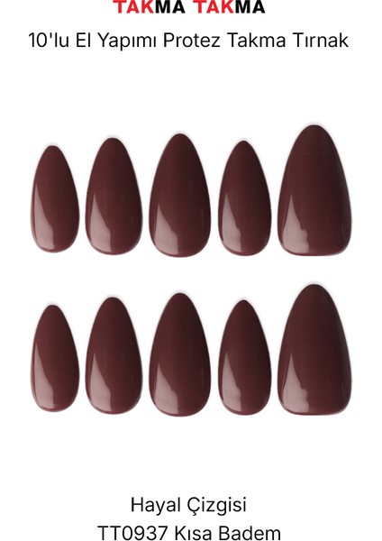 10'lu Bordo Kısa Badem TT0937 Tekrar Kullanılabilir El Yapımı Protez Takma Tırnak - Bordo-L fırsatları