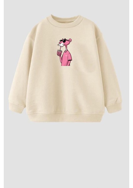 Kız Çocuk Pembe Panter Baskılı 3 Iplik Kumaş Pamuklu Sweatshirt