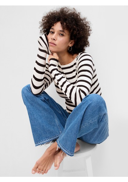 Kadın Siyah Çizgili Uzun Kollu T-Shirt