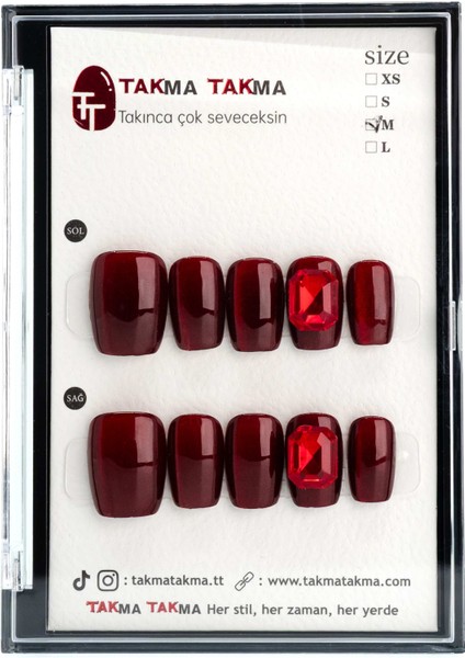 10'lu Orta Kare Kırmızı TT0933 Tekrar Kullanılabilir El Yapımı Protez Takma Tırnak -