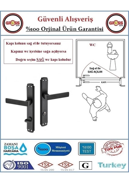 Kare Wc Banyo Kapı Kolu - Mat Siyah - 1 Takım Ön ve Arka - Sağ