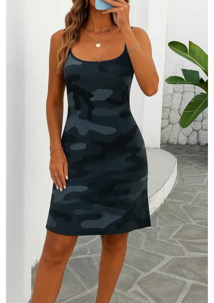 Kadın Ip Askılı Kamuflaj Baskılı Viskon Elbise fiyatları