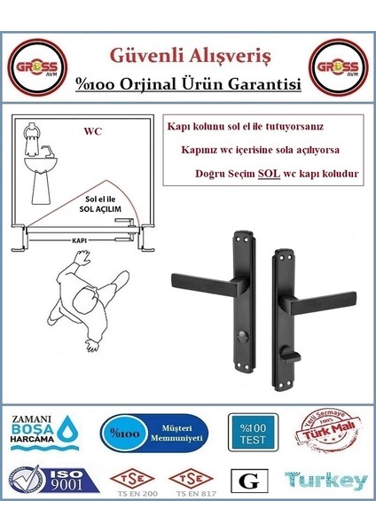 Kare Wc Banyo Kapı Kolu - Mat Siyah - 1 Takım Ön ve Arka - Sol