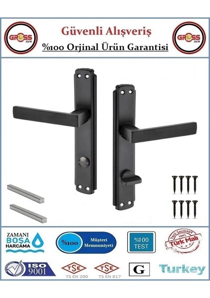 Kare Wc Banyo Kapı Kolu - Mat Siyah - 1 Takım Ön ve Arka - Sol fiyatları
