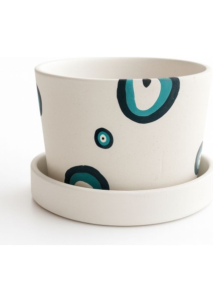 El Yapımı Seramik Saksı – Nazar Boncuğu Desenli, Tabağıyla Birlikte