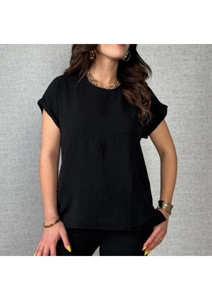 Kadın Kısa Kollu Yuvarlak Yaka Aerobin Bluz ve Pantolon Ikili Takım