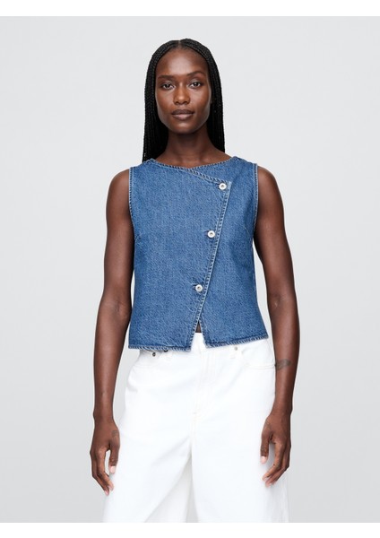 Kadın Mavi Denim Asimetrik Yelek