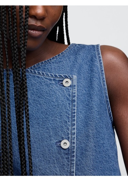 Kadın Mavi Denim Asimetrik Yelek modelleri