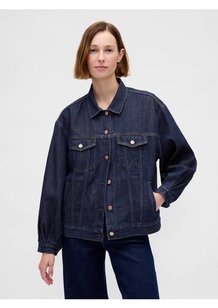 Kadın Koyu Mavi Ultrasoft Oversized Balon Kol Icon Denim Ceket