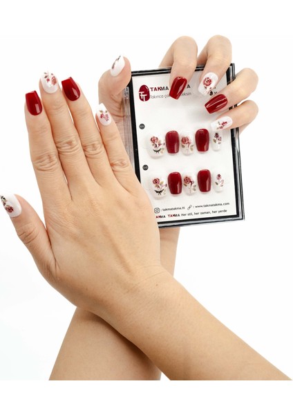 10'lu Kırmızı Orta Balerin TT0901 Tekrar Kullanılabilir El Yapımı Protez Takma Tırnak - Kırmızı-M