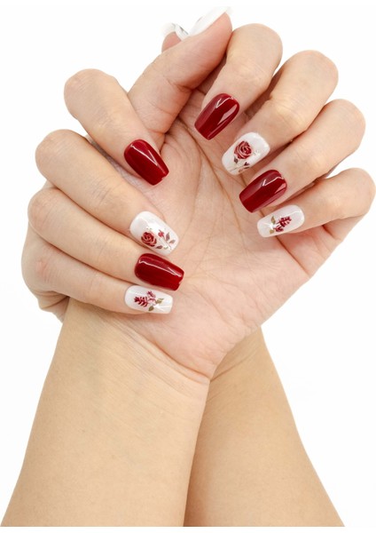 10'lu Kırmızı Orta Balerin TT0901 Tekrar Kullanılabilir El Yapımı Protez Takma Tırnak - Kırmızı-M